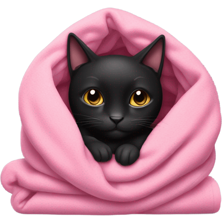 Black cat cozy in pink blanket emoji