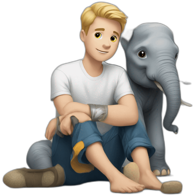 young white man sitting on the ground with an elephant in his arms emoji