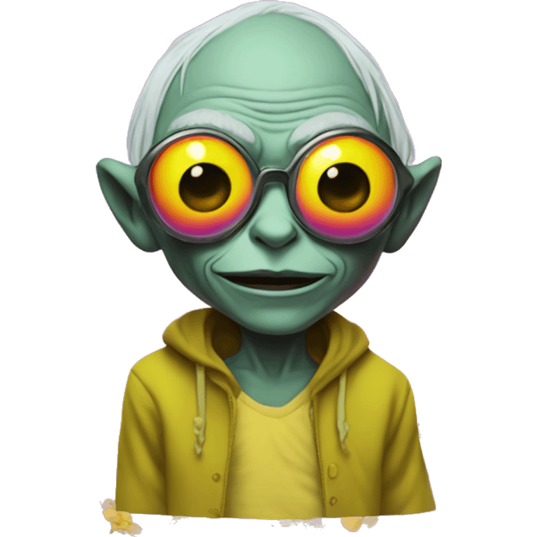 gollum dressed for an edm concert, heart shaped sunglasses, flowery, neon colors emoji