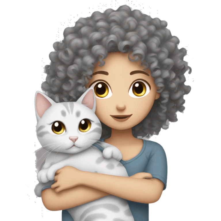 White Girl curly hair cuddling with grey cat emoji