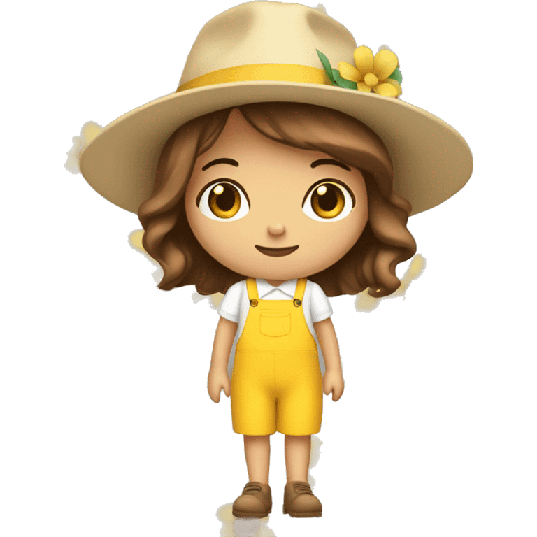 white skin, Girl with a flower in her hand, with a hat, shoulder-length brown straight hair, wearing a yellow pastel jumpsuit with white shirt in it emoji