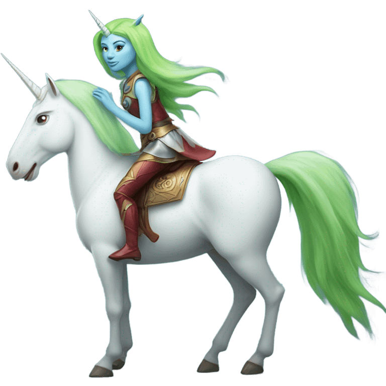 [
	{ a light green Amazon alien woman [ with red hair, with blue eyes]} 
	on a 
	[{ unicorn: white, legged:six, mane: light blue }] emoji