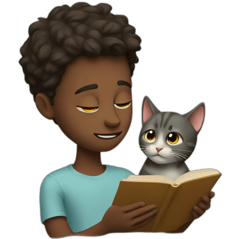 Boy reading with cat emoji