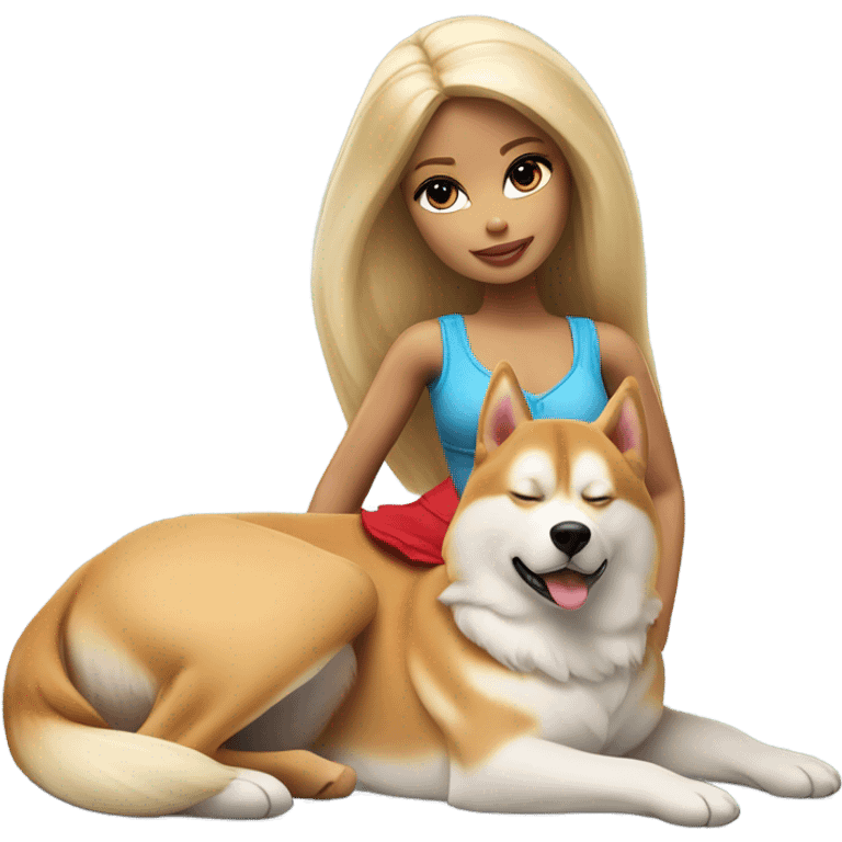 Pretty blonde Barbie napping with red Siberian Husky  emoji