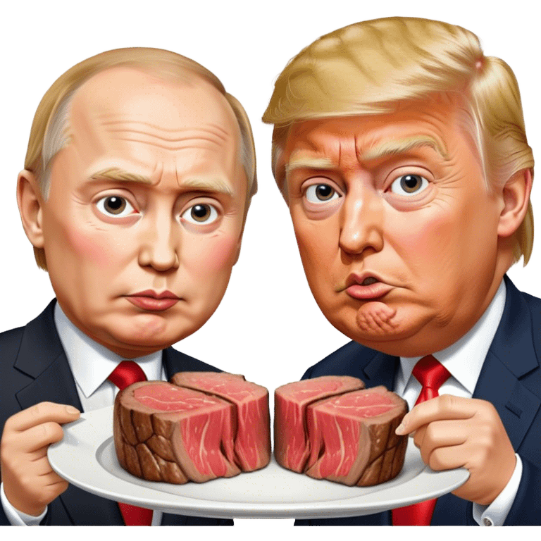 photorealistic Donald Trump and Putin eating a steak shaped like an piece of land emoji