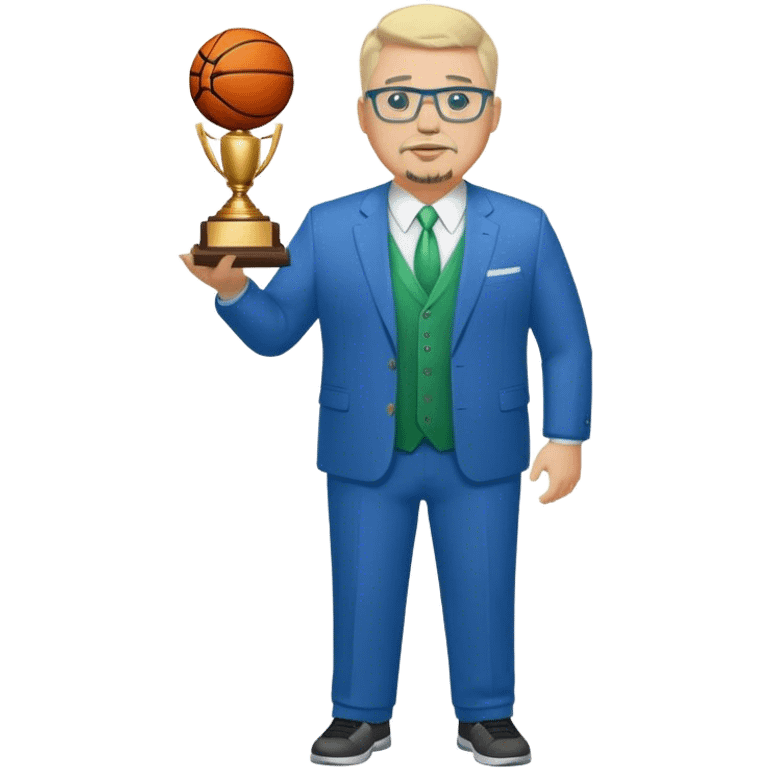 Full Body white fat male  wearing glasses with a goatee with light blonde gray very short hair basketball head Coach in blue and green suit holding trophy emoji