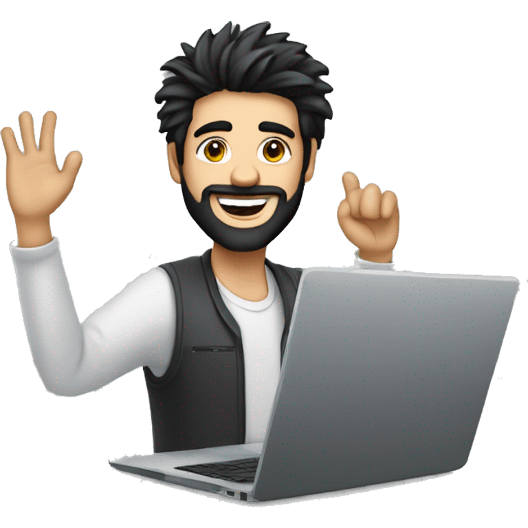 man with black hair, a beard and messy hair with a tapered fade working on a laptop waving hello emoji