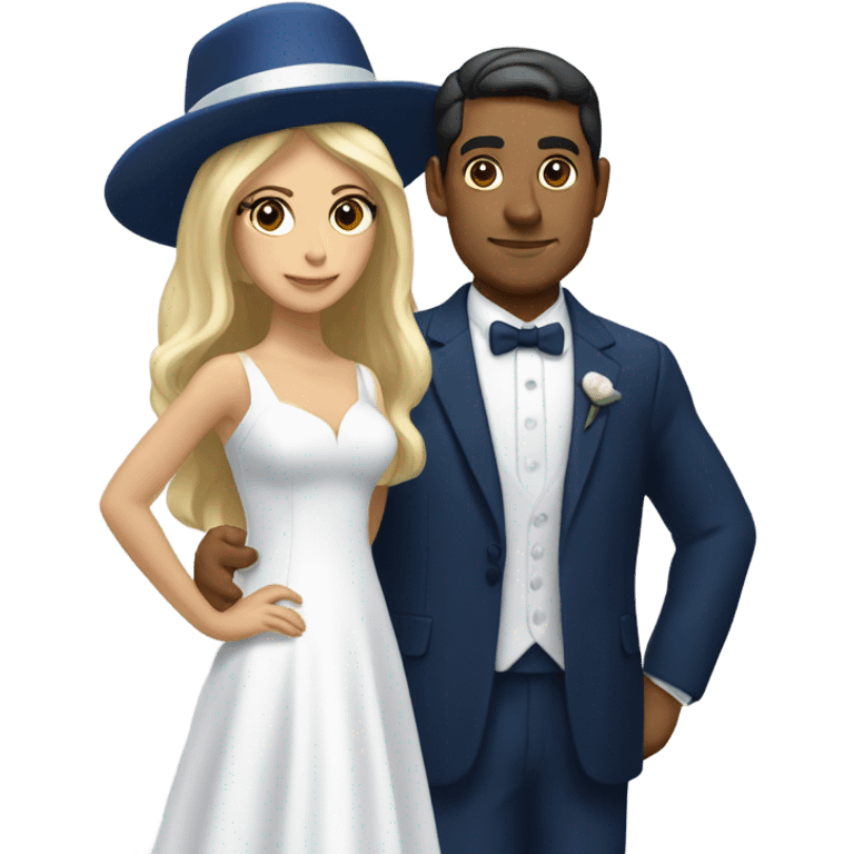 Puerto rican beard short hair with blue hat and navy blue suit getting Married with blond long hair girl with white  wedding dress  emoji