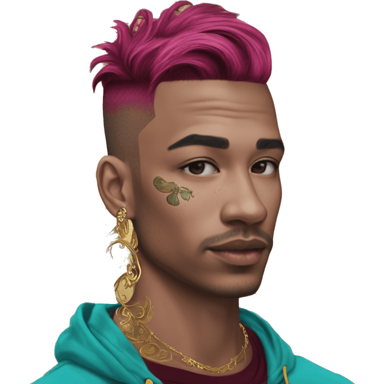 Vintage patina intricate swirls gold jewellery baroque raven wings angel tropical Deep pink maroon burgundy cyan dark hoodie man vitiligo dyed hair gold piercings nose piercing ear piercings emoji