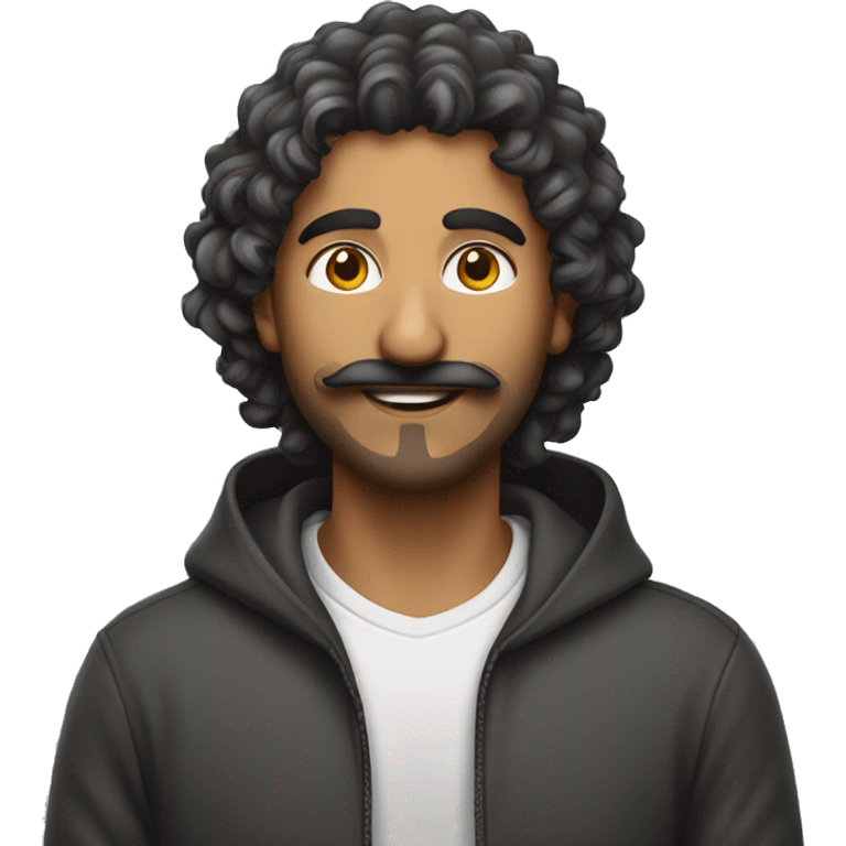 Indian morden male in hoodie, with moustache and beard, smiling  long curly hairs emoji