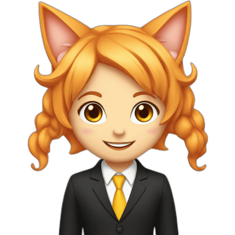 Orange haired girl smiling with peach cat ears in black suit with yellow tie emoji