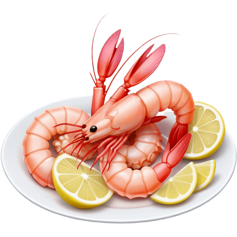 Cinematic glistening shrimp, pink and juicy, slightly curled with a light char, served with lemon wedges, ultra-detailed and fresh, warm glowing background. emoji