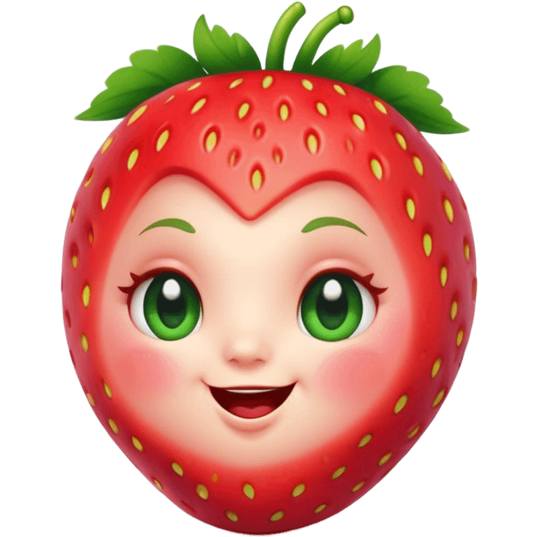 Cinematic plump happy strawberry, glossy bright red, tiny round eyes and blushing cheeks, green leafy top slightly tilted, cheerful and charming. emoji