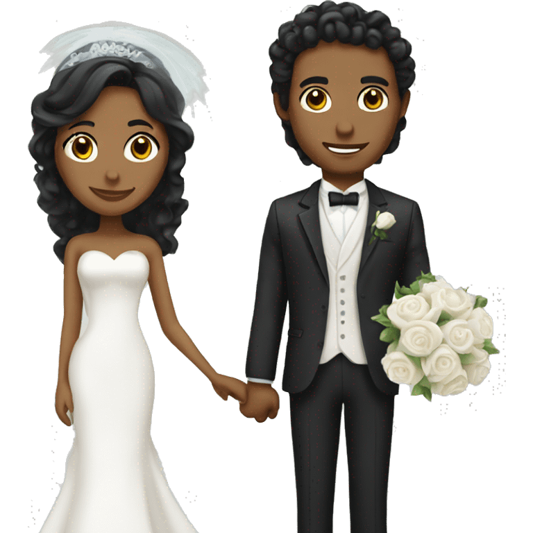 Bride with long black hair and groom with curly hair emoji