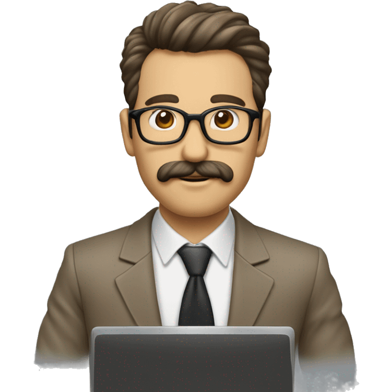 hombre pelo castaño claro, con un poco de barba y un poco de bigote, usando lentes y utilizando una computadora de informático emoji