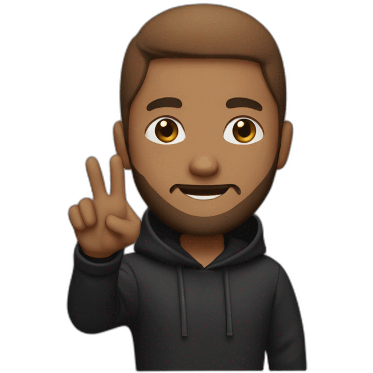 Brown guy in black hoodie waving hand , trimmed beard , black eyes emoji