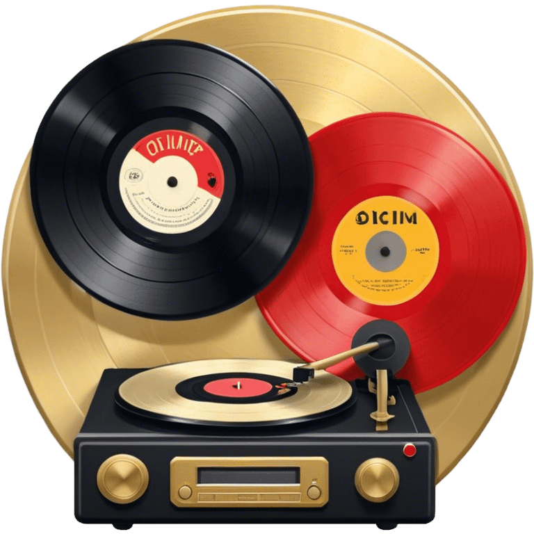 Icon for Vinyl Record Collecting: large black, golden and red vinyl records in decorative packaging featuring artist images, neatly arranged on a wall or shelf, modern vinyl record player. The icon should reflect the aesthetic and artistic aspect of collecting vinyl records. Transparent background. emoji