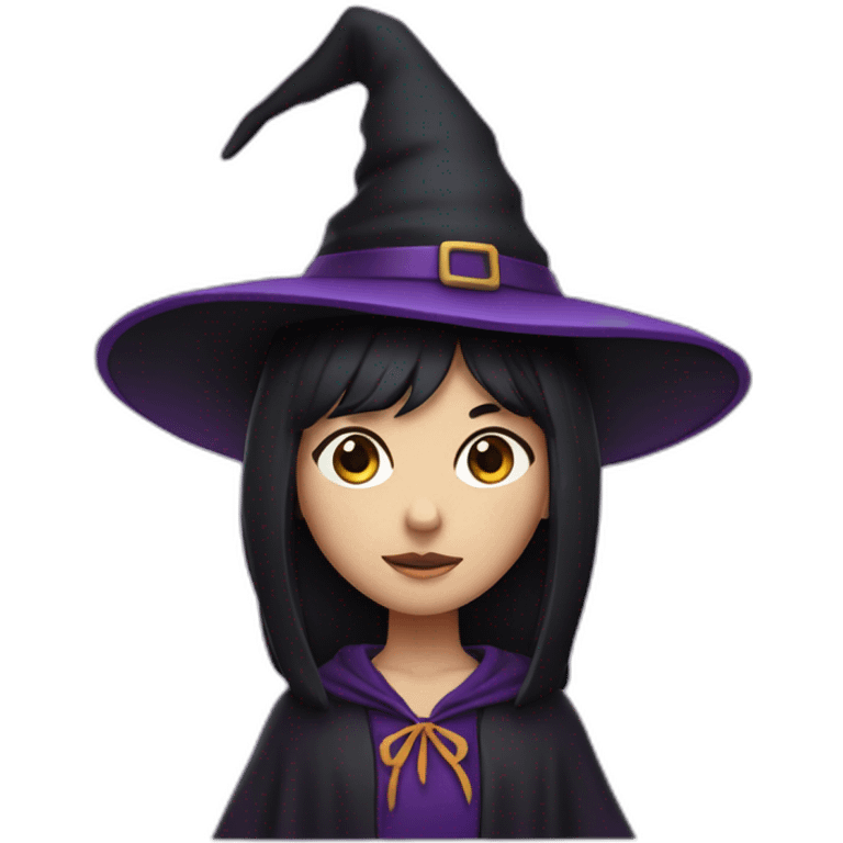 a young white-brown thin girl with straight black hair dressed as a witch with purple hat emoji