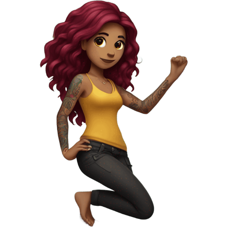 Beautiful tattooed woman long burgundy hair climbing rocks emoji