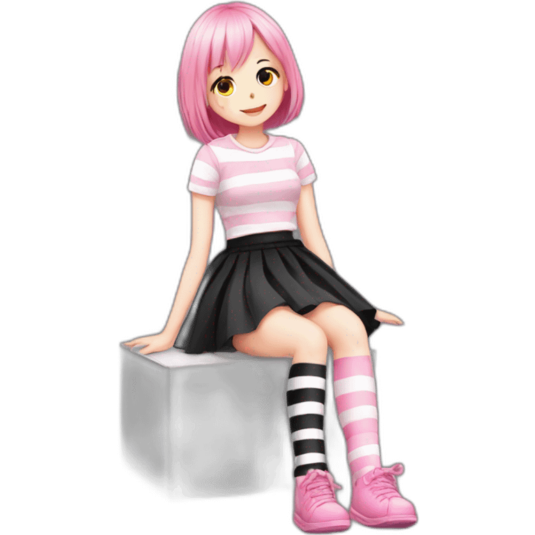 full body Front view emo girl sits on the floor black skirt pink knickers long striped socks emoji