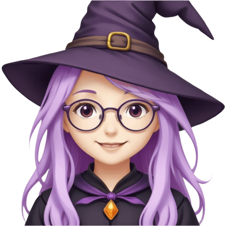 cute anime girl with long lilac hair in witch hat and glasses smiling emoji