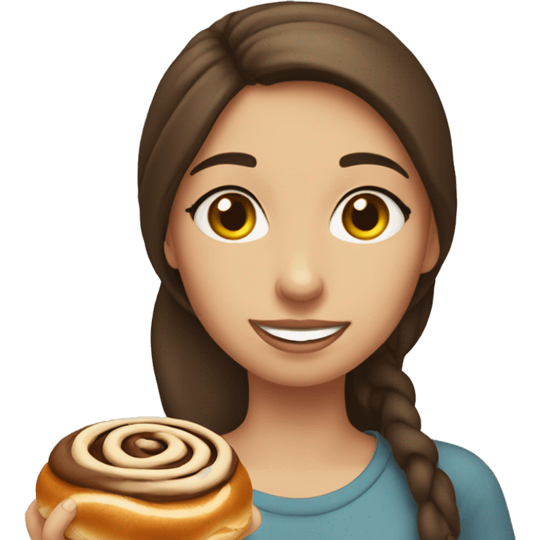 brunette girl eating cinnamon bun emoji