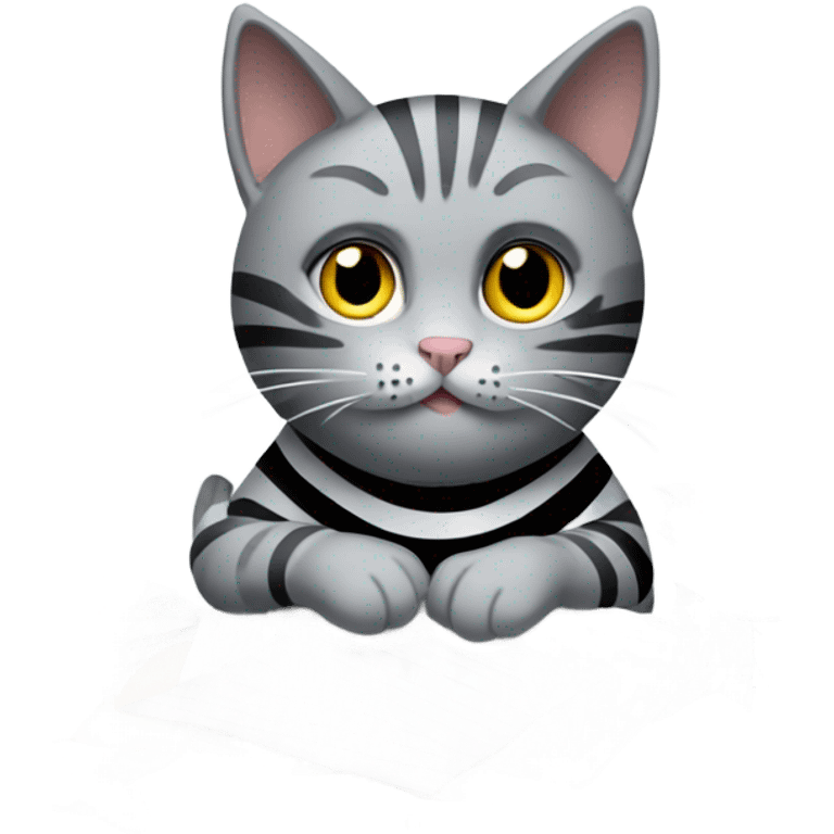 Grey cat with black straps doing secretary job surrounded by papers emoji