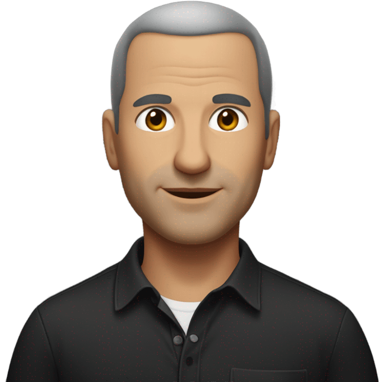 A middle-aged Italian man with olive-toned skin with buzz cut hair and no facial hair. He is wearing a sleek black smart shirt, casually unbuttoned at the top. emoji