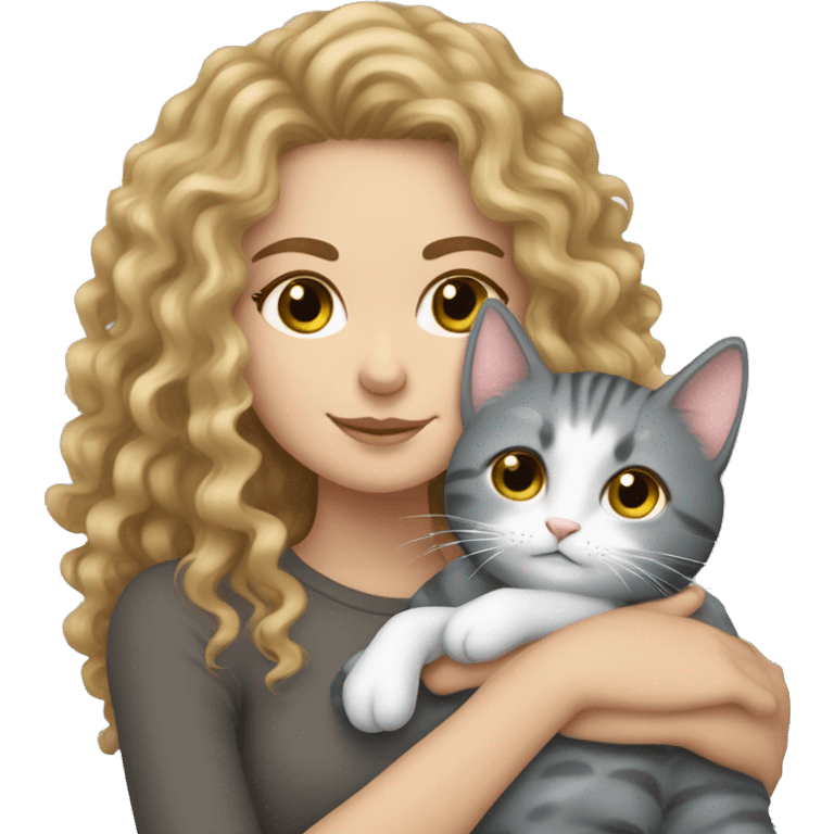 White Girl curly hair cuddling with grey cat emoji