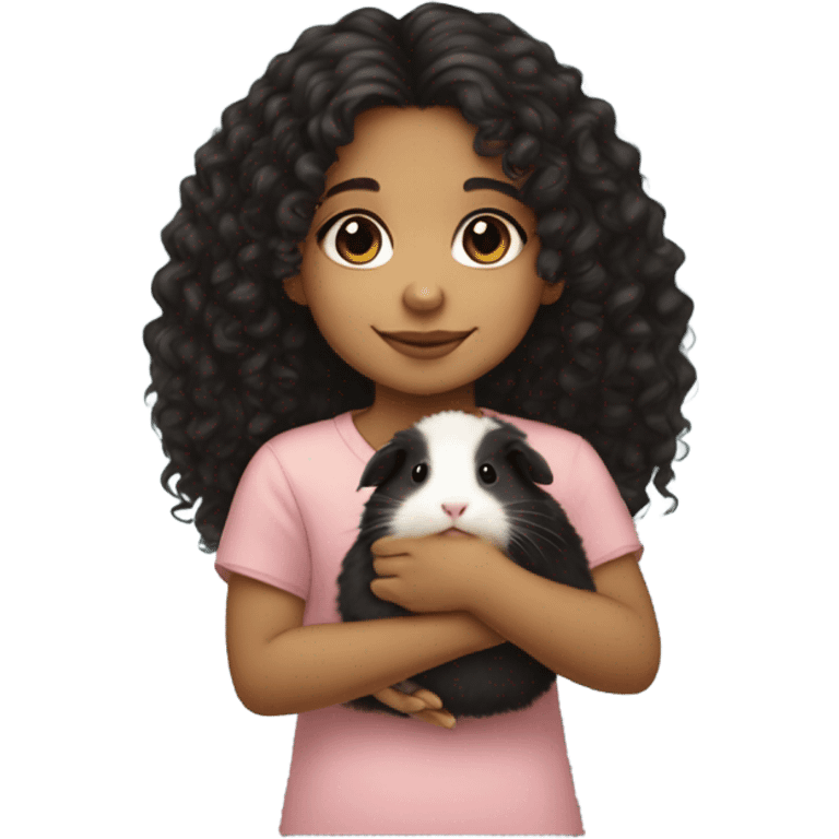 Little light skin girl with black curly hair holding a Guinea pig emoji