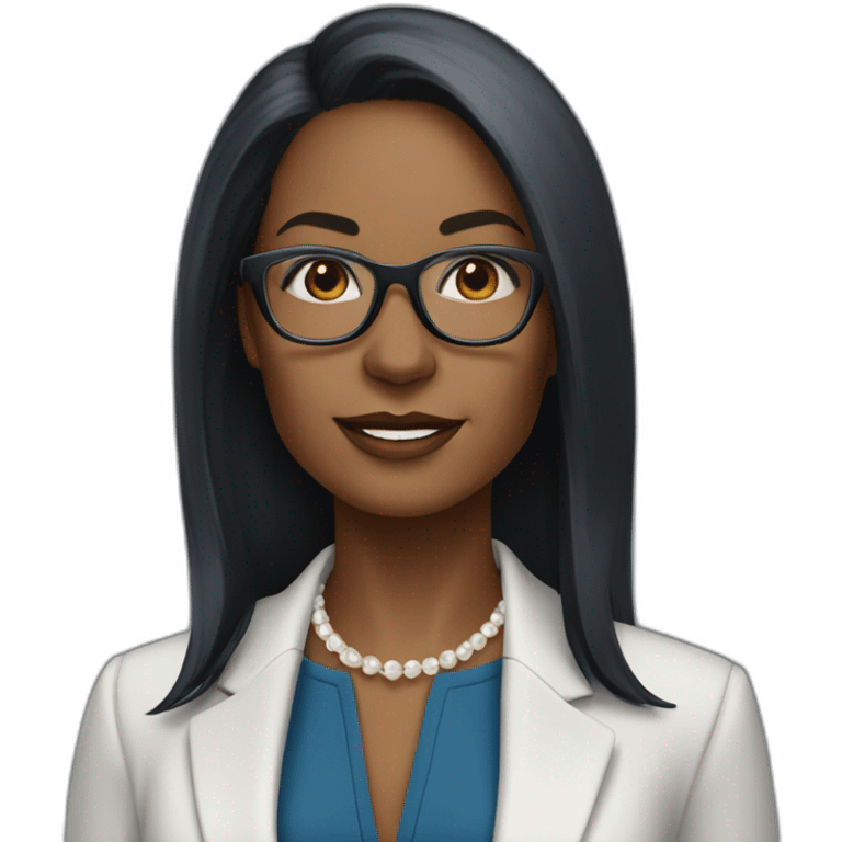 black woman ceo, black glasses, neck length straight hair, blue blazer jacket, white pearl necklace emoji