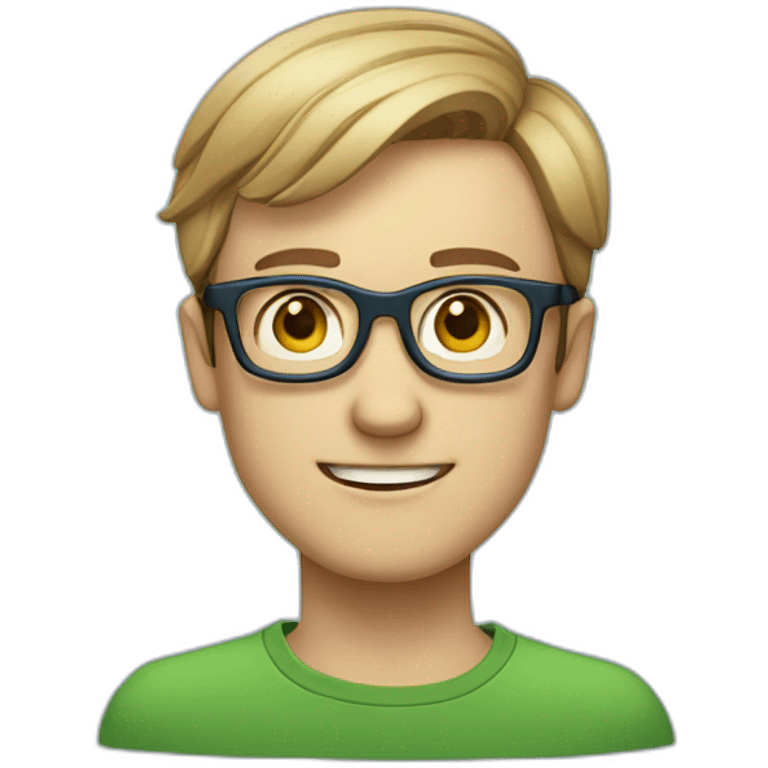 Chatty man, short hair, small thin glasses, blue-green eyes, geek emoji