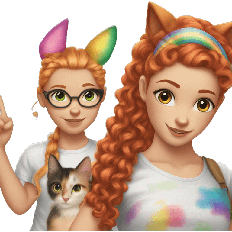 a white girl with long red curly hair in a pony tail with rainbow shirt does peace sign wearing cat ears one black other white emoji