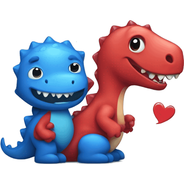 A red dinosaur in love with a blue dinosaur emoji