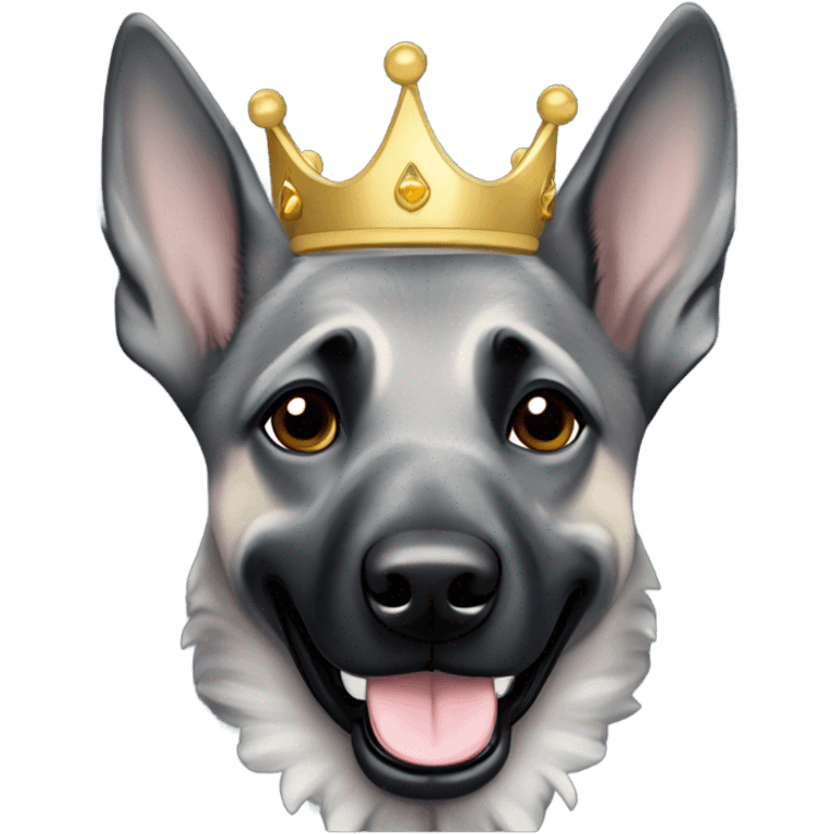 A smiling malinois dark blue merle without  color with a crown on his head emoji