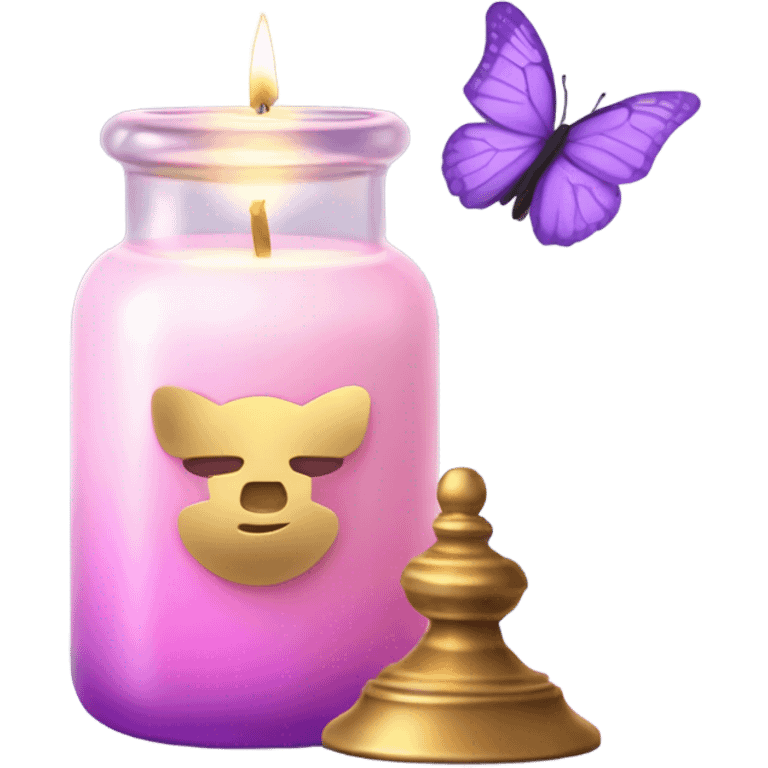 A glowing pastel pink candle in a glass jar with gold accents, next to a violet butterfly. emoji