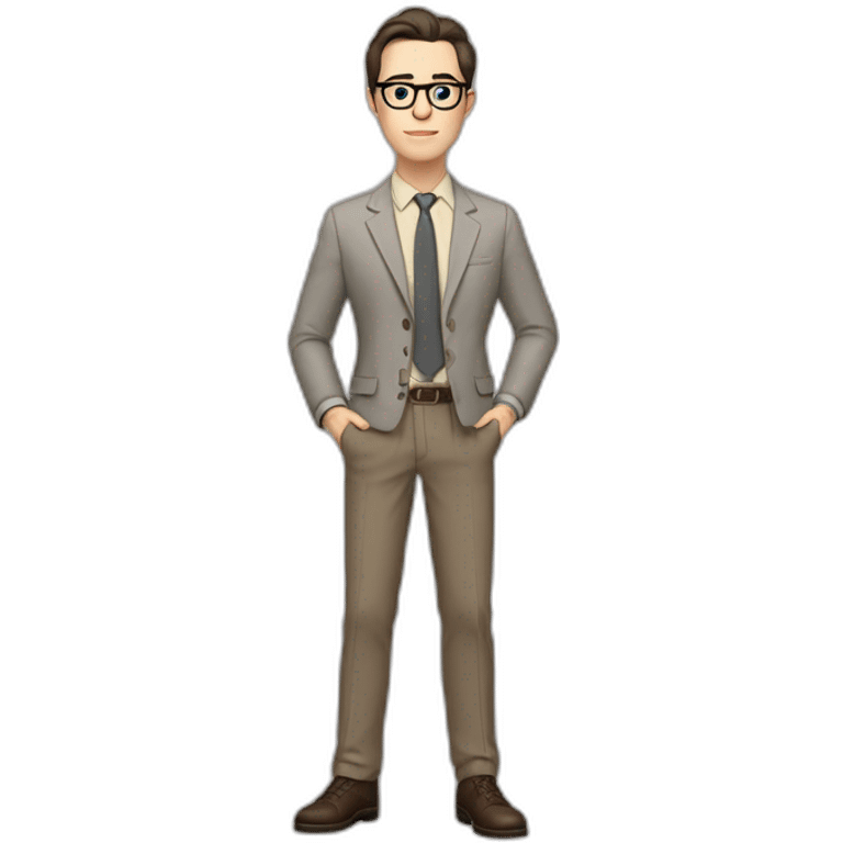 Full height Pale skinned Fit Man With dark brown hair in gray jacket, beige office shirt, tie, Brown pants and vintage glasses. Thrumbs of his palms directed up emoji