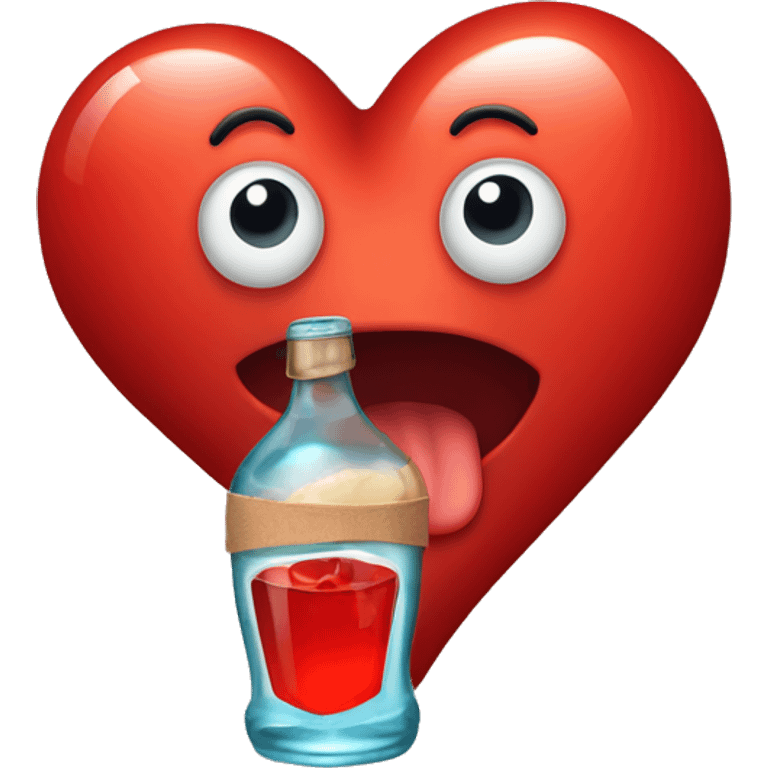 A red heart ❤️ with eyes, a mouth, and hands, looking drunk and tipsy, holding a bottle of drink, with a wobbly and goofy expression emoji