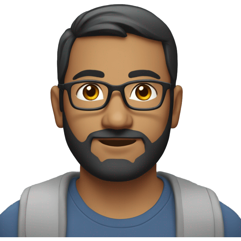 A head and shoulders shot of a 35 year old South Asian man, with short black hair, with beard facial hair,  wearing glasses with brown eyes wearing a t-shirt. emoji