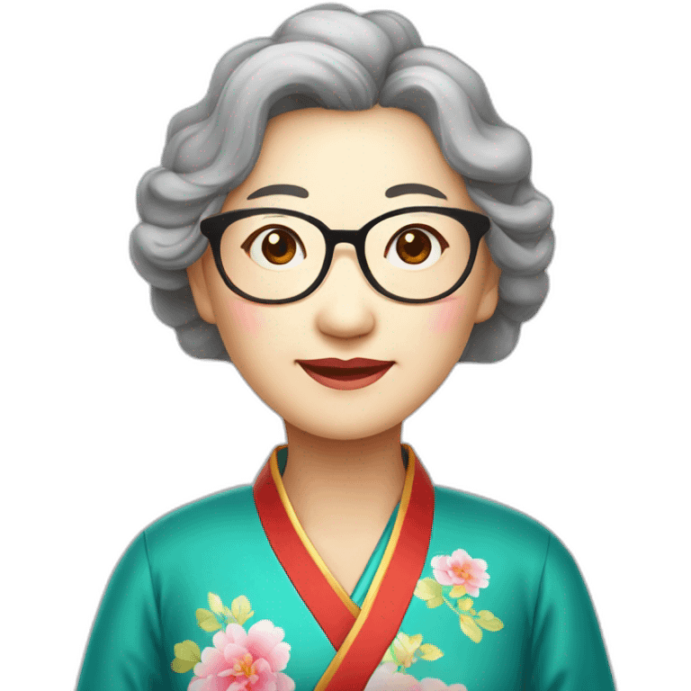 Chinese seniors lady wear glasses has wavy long hair wear Chinese traditional dress show appreciation sign emoji