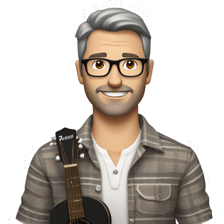 A male music teacher with short grey and brown hair, with very light stubble,  black rectangle glasses, wearing a short sleeve button up patterned shirt, muscular body type, holding a guitar emoji