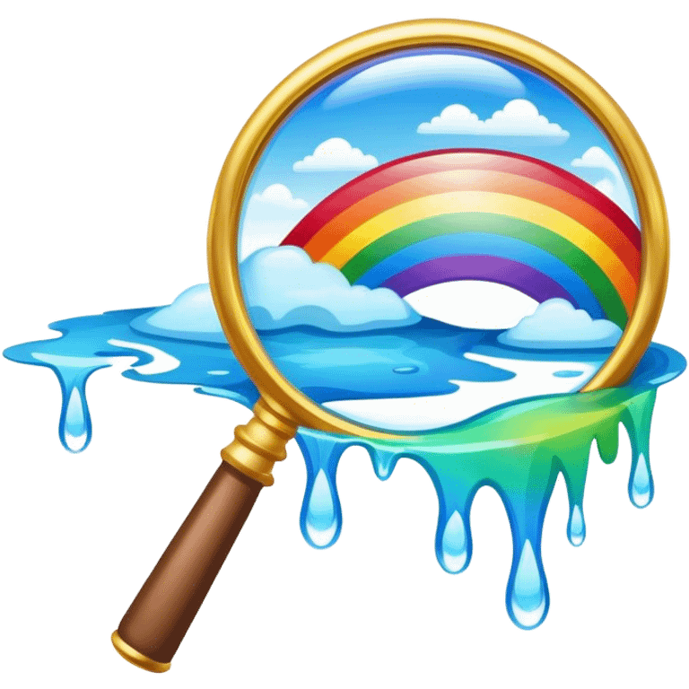 a magnifying glass with a rainbow river flowing through it and passing by emoji