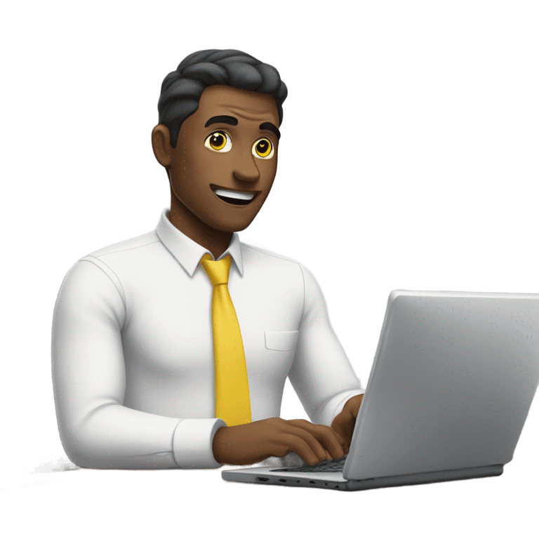 yellow skin man using white keyboard on desk wearing white button down shirt front view emoji