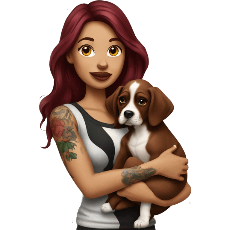 Beautiful tattooed  burgundy long haired woman holding a boxer puppy emoji