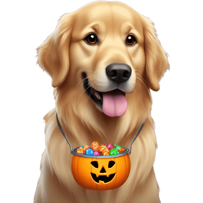 Golden retriever with a jack o lantern bucket full of colorful candy in his mouth emoji