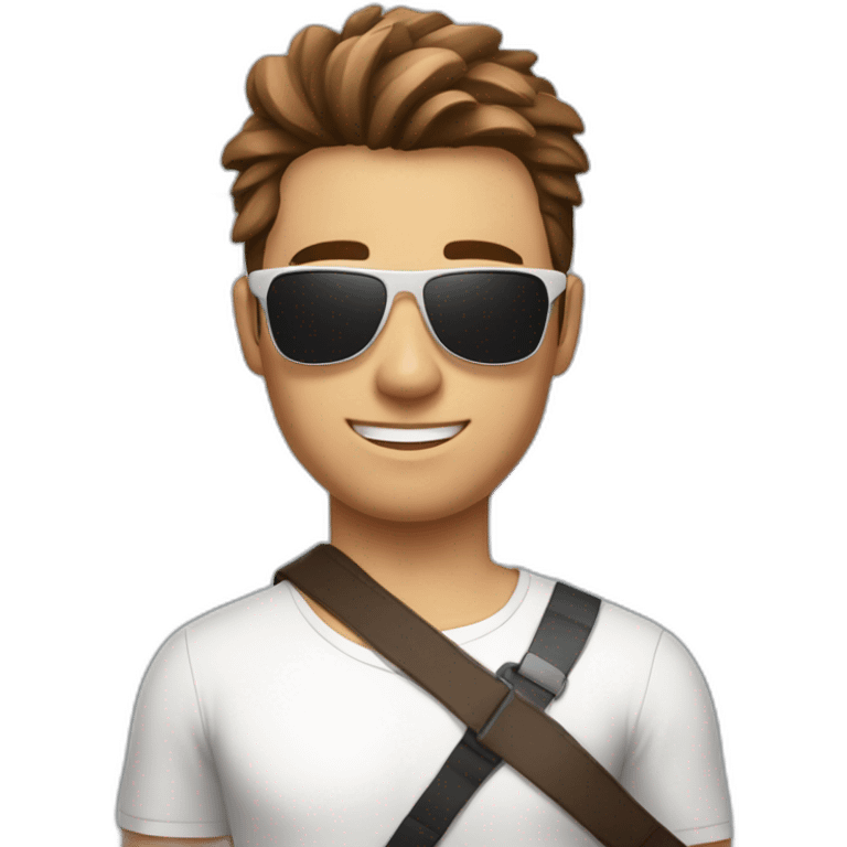 A young fit man with a white shirt and sunglasses on his hair with brown hair and a French flag in his hand emoji