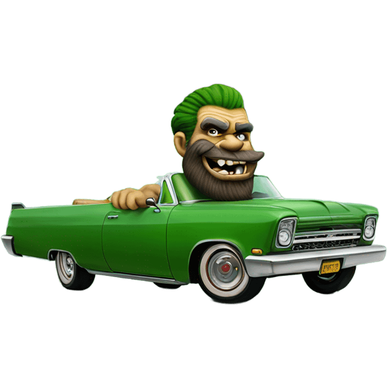 realistic portrait of bearded man troll puffing, big clouds while riding in a green Lowrider emoji