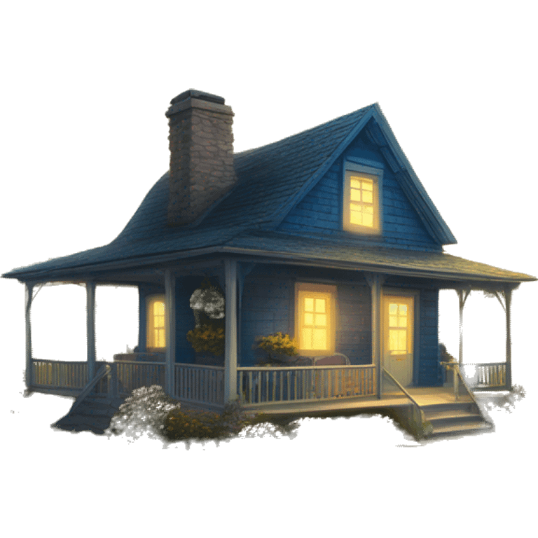  very very big Cabin near a big tree.  Thick moss growing on the roofs. grass fields. porch lights turned off. bright white interior lights turned on. guests sitting in chairs on the porch, flowers and bushes are yellow and blue. emoji