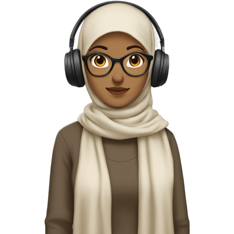 a hijabi girl her outfit includes a beige sweater paired with a brown hijab styled neatly around the head. The character is also wearing large black headphones and rectangular glasses, completing the practical and casual vibe. emoji