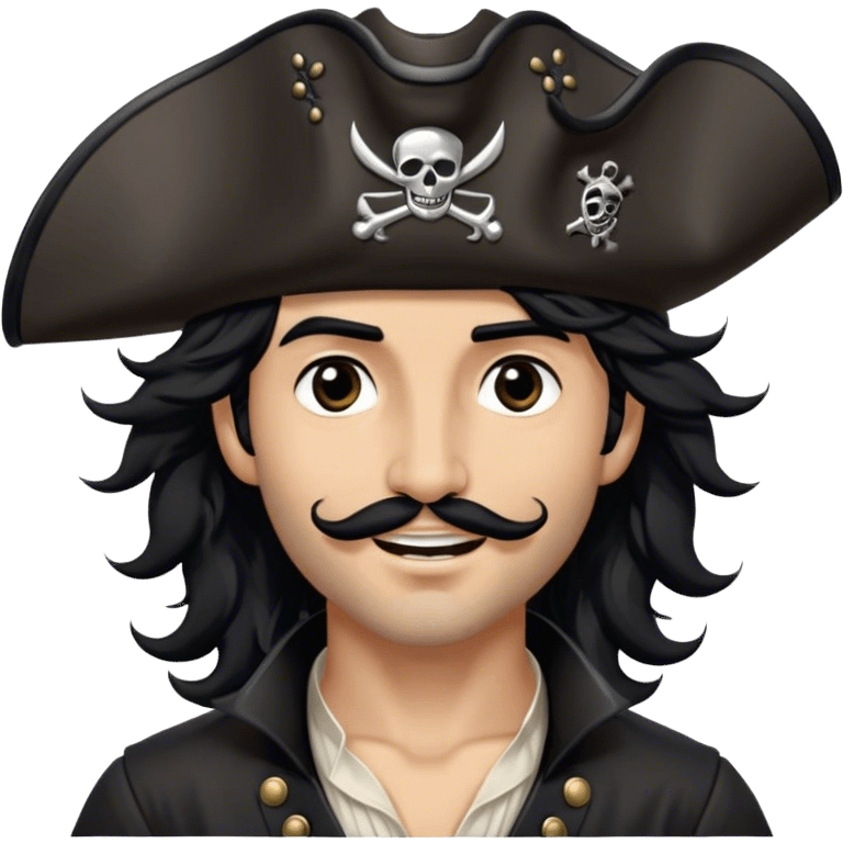 A charismatic pirate with wavy black hair tousled by the breeze. His silver-embroidered tricorn hat casts a shadow. He turns slightly, dark eyes glinting with mischief as he looks to the side, a knowing smile on his lips emoji